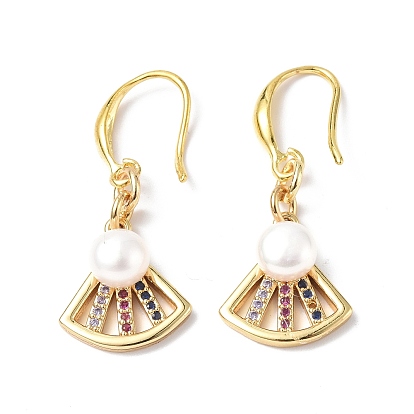 Colorful Cubic Zirconia Fan Dangle Earrings with Natural Pearl Beaded, Rack Plating Brass for Women