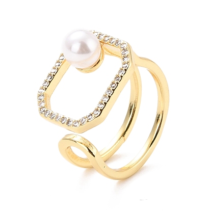Hollow Rectangle Cubic Zirconia Cuff Ring for Mother's Day, Real 18K Gold Plated Brass Wide Band Open Ring with Imitation Pearl, Cadmium Free & Lead Free