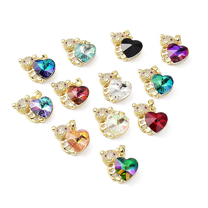 Real 18K Gold Plated Rack Plating Brass Micro Pave Cubic Zirconia Pendants, with Glass, Long-Lasting Plated, Cadmium Free & Lead Free, Bear with Heart