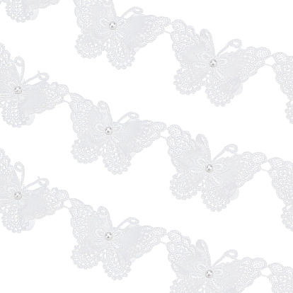 Cinta de borde de encaje de mariposa, Con perlas de imitación de plástico., para la decoración de bricolaje bordado de ropa