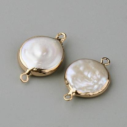 Plated Natural Pearl Links Connectors, with Iron Findings, Flat Round, Golden