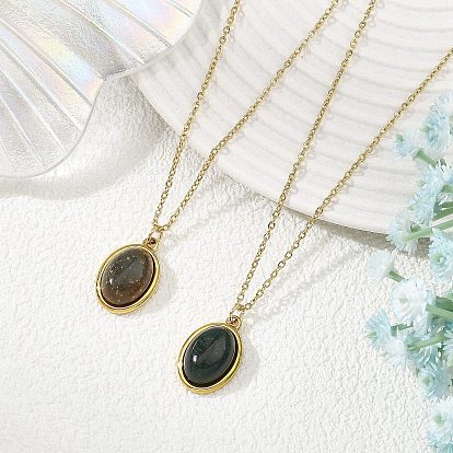 Натуральный индийский моховой агат 304 Овальный кулон из нержавеющей стали, цепочка-косуха для женщин