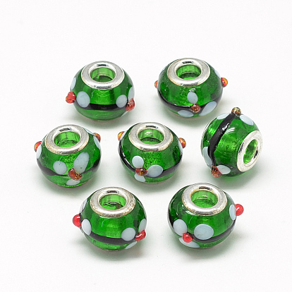 Handmade Bumpy Lampwork European Beads, with Brass Double Cores, Large Hole Beads, Rondelle, Platinum