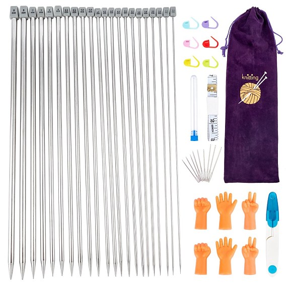 Knitting Tool Set, with Single Pointed Stainless Sweater Needles, Scissor, Knitting Stitch Markers, Measure Tape, Needles Point Protectors, Tube and Large-eye Blunt Needles, Flannelette Bag