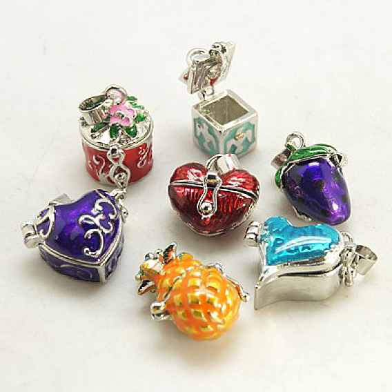 Brass Prayer Box Pendants, with Enamel, Mixed Shapes, Mixed Color, 16~22x15~22x11~14mm, Hole: 4x6mm