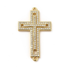 Rack Plating Brass Micro Pave Cubic Zirconia Connector Charms, Religion Cross Charms, Cadmium Free & Lead Free, Real 18K Gold Plated