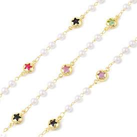 Brass Glass Link Chains, with Plastic Imitation Pearl Beads & Spool, Unwelded, Round with Star