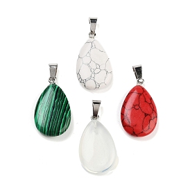 Mixed Gemstone Pendants, Teardrop Charms with Stainless Steel Color Tone Stainless Steel Snap on Bails, Mixed Dyed and Undyed