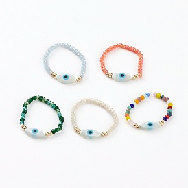 Glass Beads Stretch Rings, with Natural White Shell Beads, Synthetic Turquoise and Glass Seed Beads, Evil Eye