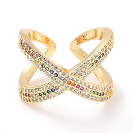 Colorful Cubic Zirconia Criss Cross Open Cuff Ring, Brass Jewelry for Women, Cadmium Free & Lead Free