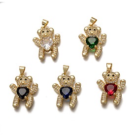 Brass Micro Pave Cubic Zirconia Pendants, Long-Lasting Plated, Real 18K Gold Plated, Inlay Bear Shape
