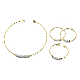 202 Stainless Steel Cuff Bangle & Necklace & Hoop Earrings Sets, Clay Rhinestone Jewelry for Women