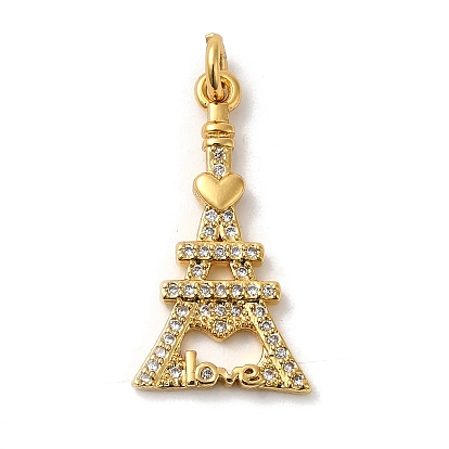 Eiffel Tower with Word Love Rack Plating Brass Micro Pave Clear Cubic Zirconia Pendants, with Jump Ring, Long-Lasting Plated, Lead Free & Cadmium Free