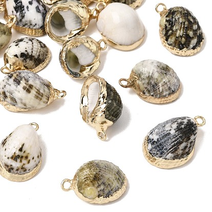 Brass & Natural Shell Pendants, Conch Shape Charms, with Golden Plated Edge