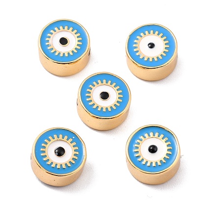 Real 18K Gold Plated Brass Beads, with Enamel, Long-Lasting Plated, Flat Round with Evil Eye