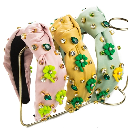 Резинки для волос с клевером из смолы и стеклянными стразами, Тканевые аксессуары для волос с широким узлом для женщин и девочек
