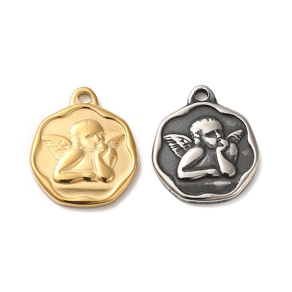 304 Stainless Steel Pendants, Flat Round with Angel Charms