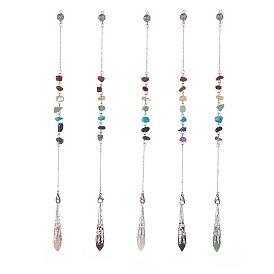 Mixed Natural Gemstone Pointed Drowsing Pendulums, with Chakra Gemstone Chips & 304 Stainless Steel Findings, Bullet Charm