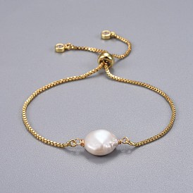 Brass Slider Bracelets, Bolo Bracelets, with Natural Baroque Pearl Keshi Pearl Beads