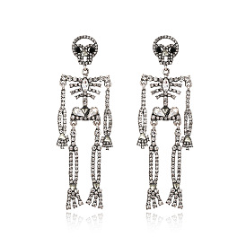 Exaggerated Vintage Halloween Skeleton Earrings with Rhinestones for Women