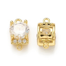 Brass Micro Pave Clear Cubic Zirconia Connector Charms, with Glass, Square Links