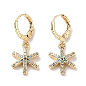 Real 18K Gold Plated Brass Dangle Leverback Earrings, with Cubic Zirconia, Snowflake