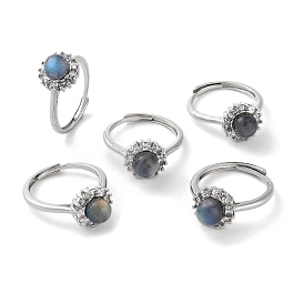 Регулируемое кольцо круглой формы с натуральным лабрадоритом и стразами, латунное кольцо для женщин с покрытием стойки