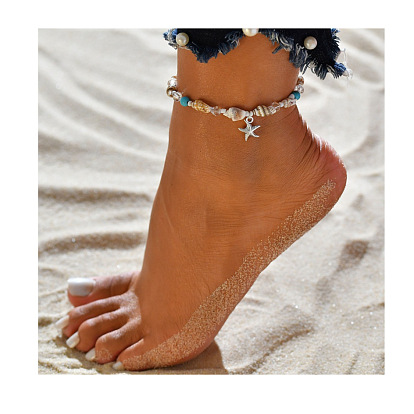 Браслеты для лодыжек в стиле бохо с натуральными ракушками и синтетической бирюзой, сплавные браслеты с подвесками в виде морской звезды для летнего пляжа