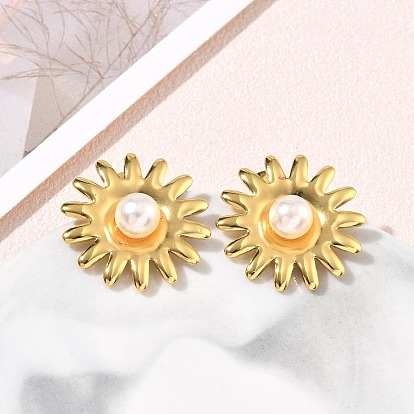 304 Stainless Steel Stud Earrings, Flower, with ABS Plastic Imitation Pearl