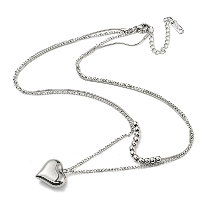 304 Stainless Steel Round Snake & Curb Chains Double Layer Necklaces, with Heart Pendant