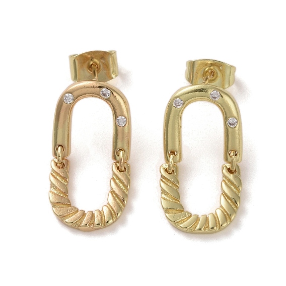 Brass Micro Pave Cubic Zirconia Dangle Stud Earrings, Oval