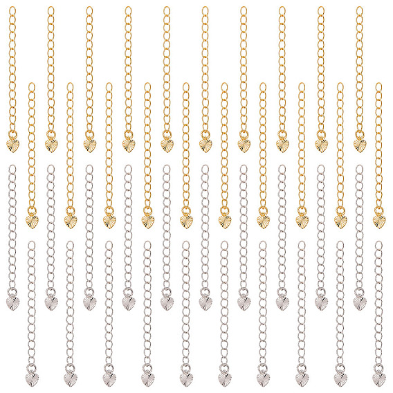 50Pcs Rack Plating Brass Curb Chain Extender, End Chains with Heart Charm