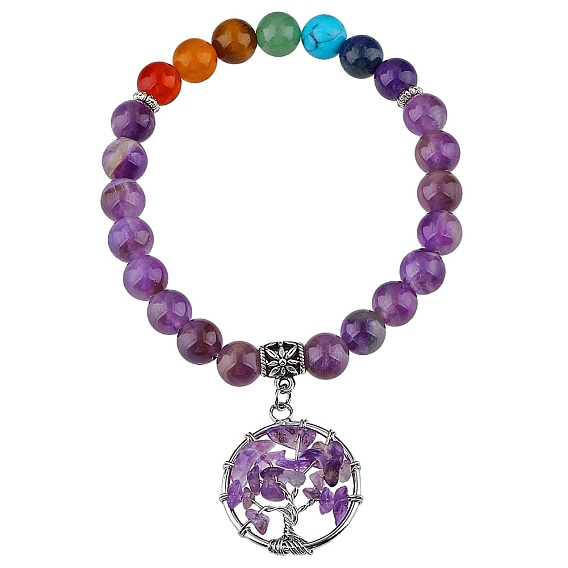 Эластичные круглые браслеты из натуральных и синтетических драгоценных камней, расшитые бисером, браслет чакра с подвесками в виде деревьев