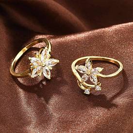 Кольца на палец из латуни с микро-паве и кубическим цирконием для женщин, без кадмия и без свинца, долговечный, цветок