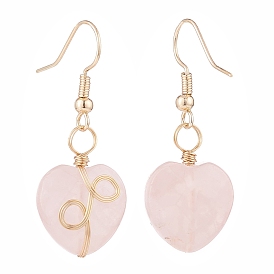 Natural Rose Quartz Heart Dangle Earrings, Brass Wire Wrap Jewelry for Women