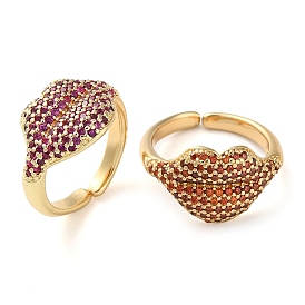 Rack Plating Brass Micro Pave Cubic Zirconia Open Cuff Rings, Real 18K Gold Plated, Lip