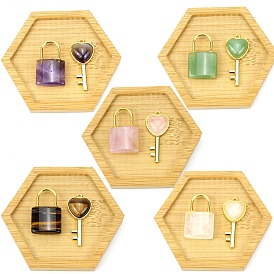 Gemstone Couple Pendants, Lock & Key Charms with Golden Plated Alloy Findings