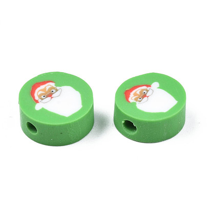 Handmade Polymer Clay Beads, Flat Round with Christmas Themed Patterns