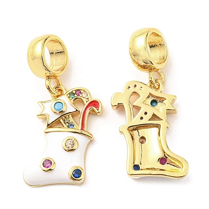 Real 18K Gold Plated Brass Micro Pave Cubic Zirconia Pendents, with Enamel, Lead Free & Cadmium Free, Christmas Socking