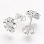 Real Platinum Plated Flower Brass Stud Earrings, with Rhinestone, 8x8mm