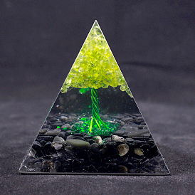 Orgonite Pyramid Resin Energy Generators, Reiki Tree of Life Natural Peridot and Obsidian Chips Inside for Home Office Desk Decoration