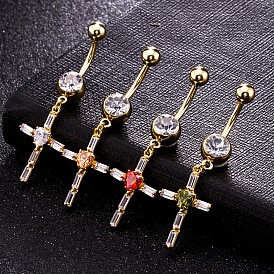 Piercing Jewelry, Brass Cubic Zirconia Navel Ring, Belly Rings, with Surgical Stainless Steel Bar, Cadmium Free & Lead Free, Cross