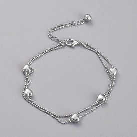 Brass Multi-Strand Anklets, with Bell Charms and Ball Chains, Heart