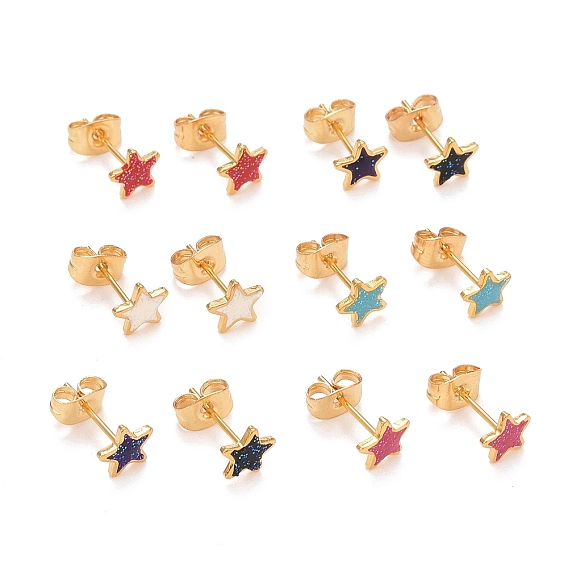304 серьги из нержавеющей стали эмаль, с 316 булавкой из хирургической нержавеющей стали и блестящей пудрой, золотые, звезда