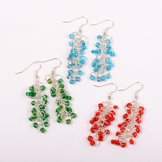 Dangling Glass Seed Beads Cluster Earrings, with Iron Findings and Brass Earring Hooks, Silver Color Plated, 64mm,Pin: 0.7mm