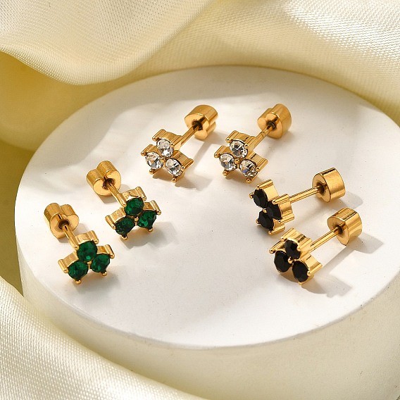 Ионное покрытие (ip) 304 серьги-гвоздики из нержавеющей стали, со стразами, реальный 14 k позолоченный, клевер
