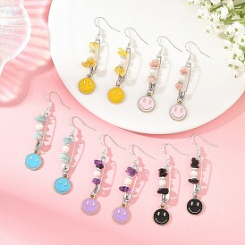 Natural Gemstone & Alloy Enamel & Iron Dangle Earrings for Women, Smiling Face, 304 Stainless Steel Dangle Earrings, Stainless Steel Color