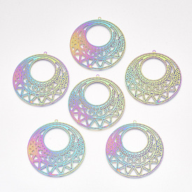 Ion Plating(IP) 304 Stainless Steel Filigree Big Pendants, Etched Metal Embellishments, Flat Round