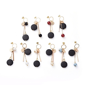 Stud Earrings, with Flat Round Pear Wood Beads, Glass Pearl Round Beads, 304 Stainless Steel Cable Chains, Brass Pendants & Stud Earring Findings & Ear Nuts