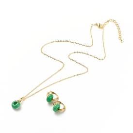 Rondelle Natural Malaysia Jade Beads Jewelry Sets, Brass Pendant Necklace & 304 Stainless Steel Dangle Hoop Earrings for Women, Golden